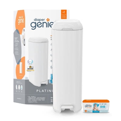 Diaper Genie Platinum Odour Lock Diaper Pail, White, 18 Bags, Stainless Steel