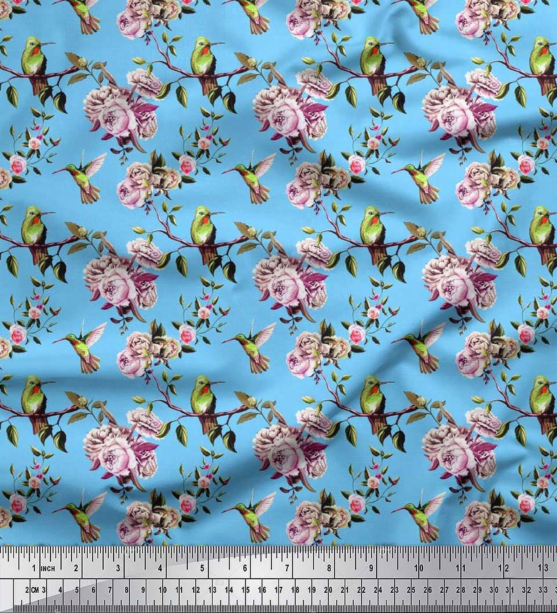 Soimoi Poly Georgette Fabric Hummingbird,Leaves & Rose Floral Print Sewing Fabric Yard 42 Inch Wide