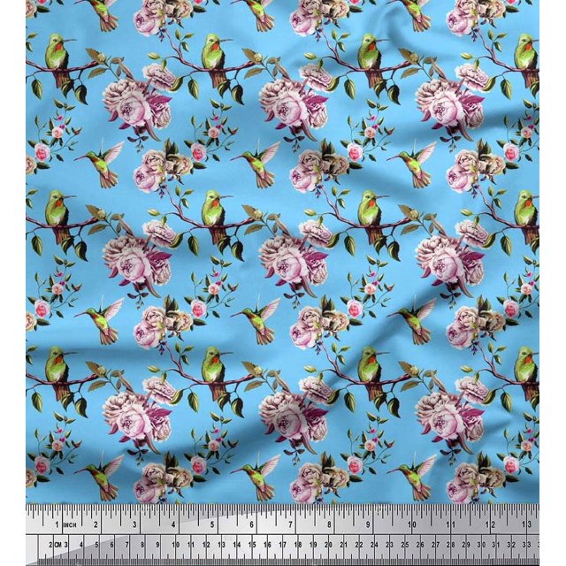 Soimoi Poly Georgette Fabric Hummingbird,Leaves & Rose Floral Print Sewing Fabric Yard 42 Inch Wide