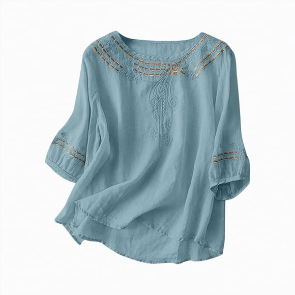 WUANDIXFA Long Sleeve Tunic Tops for Women Linen Shirts for Women Retro Embroidery Summer Loose 3/4 Sleeve Tshirts Tunic Tops Casual Blouses Boho Clothes Light Blue,M
