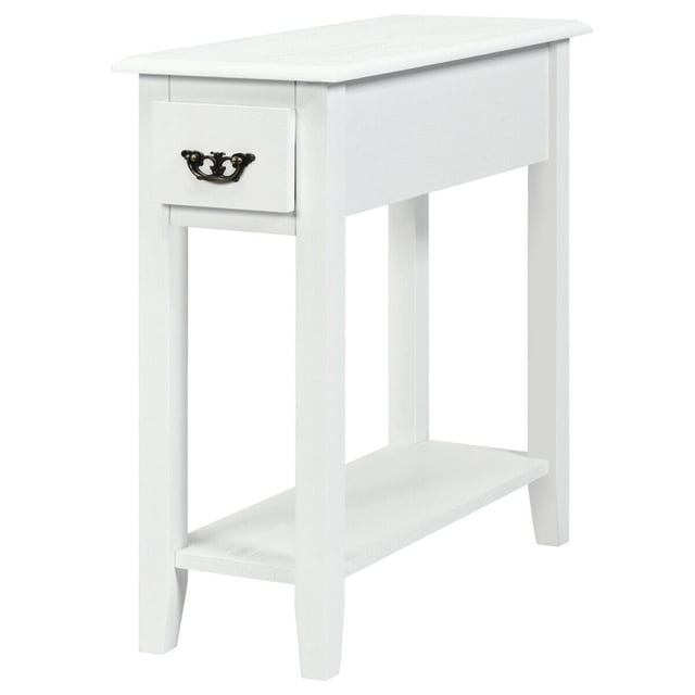Patiojoy White 2 Tier Narrow Nightstand End Bedside Sofa Side Table with Drawer and Shelf. Compact white side table with a single drawer featuring an ornate handle and a lower shelf for storage. Made of durable P2 MDF and rubber wood, suitable as a bedside table or sofa side table in small spaces.