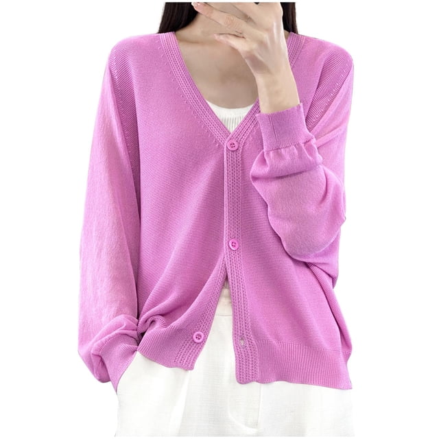 Womens Button Down Knit Cardigans Long Sleeve V Neck Casual Cardigan Sweaters Light Weight Loose Lounge Wear Fall Purple, L