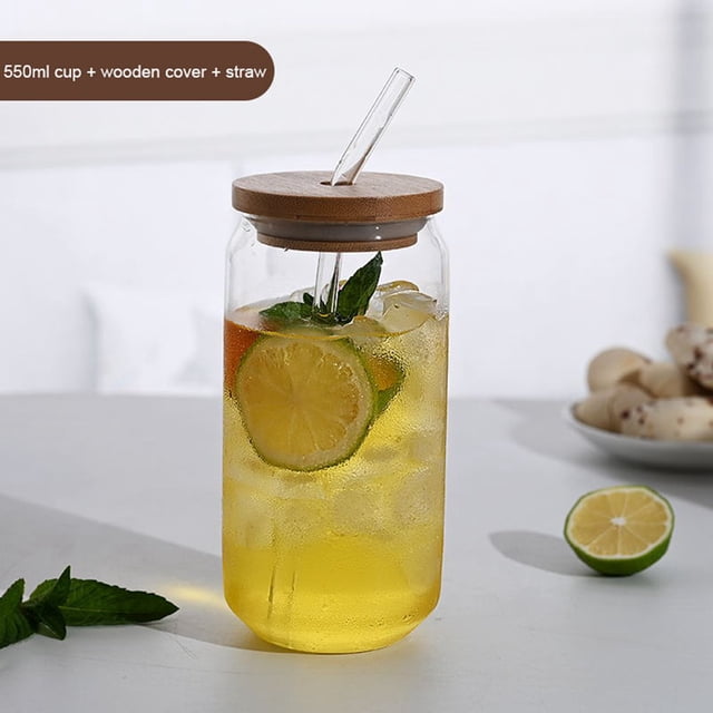 Reusable Boba Cup Bubble Tea Cup 18oz Wide Mason Jar with Bamboo Lid and Straw Glass Smoothie Cups Travel Tumbler for Iced Coffee Large Pearl Juices Cocktail