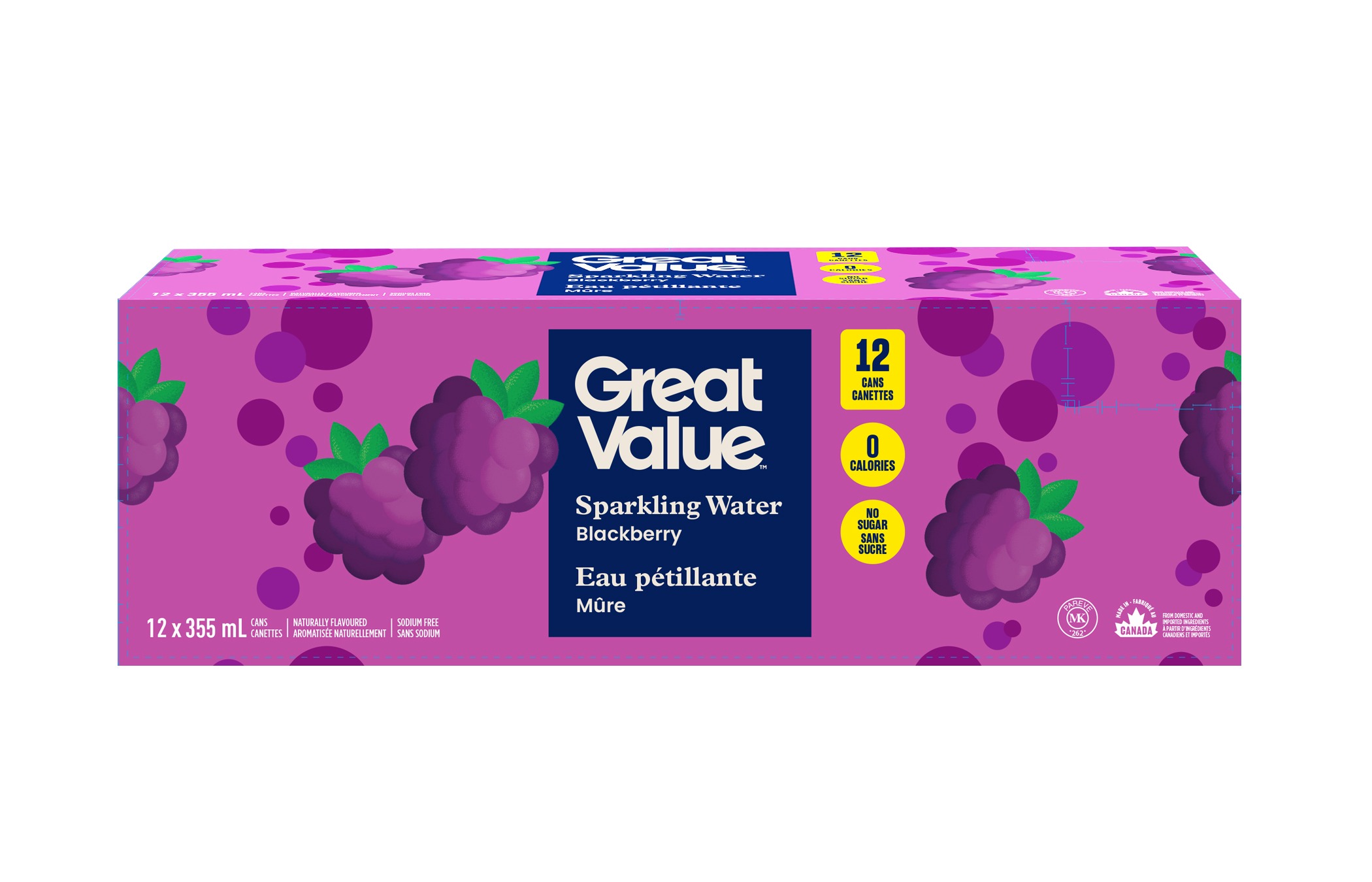 Great Value, Eau pétillante, Mûre, 355 ml, 12 canettes