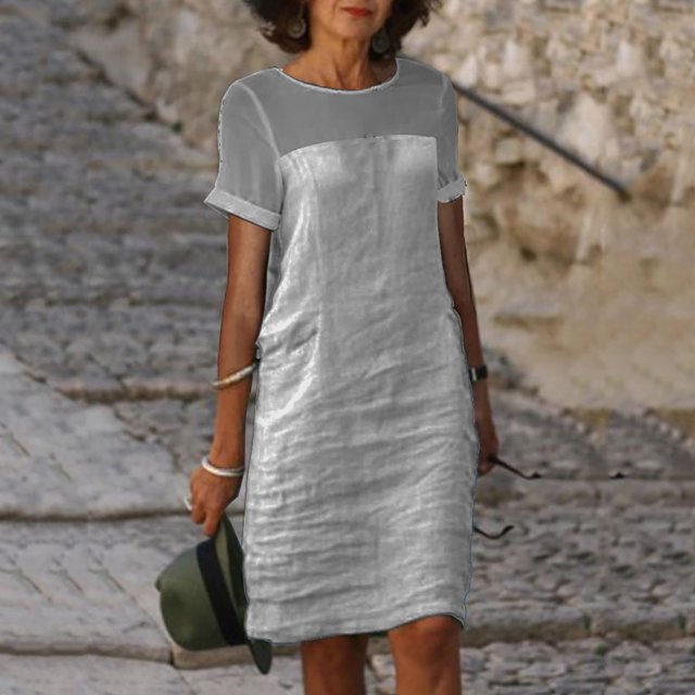 Ovzne Robes d'Été pour Femmes 2025 Robe de Plage Robe Décontractée pour Femme Col Rond Sans Manches avec Poche Couleur Robe Multicolore Jupe Longue Robe d'Été à Manches Courtes Liquidation
