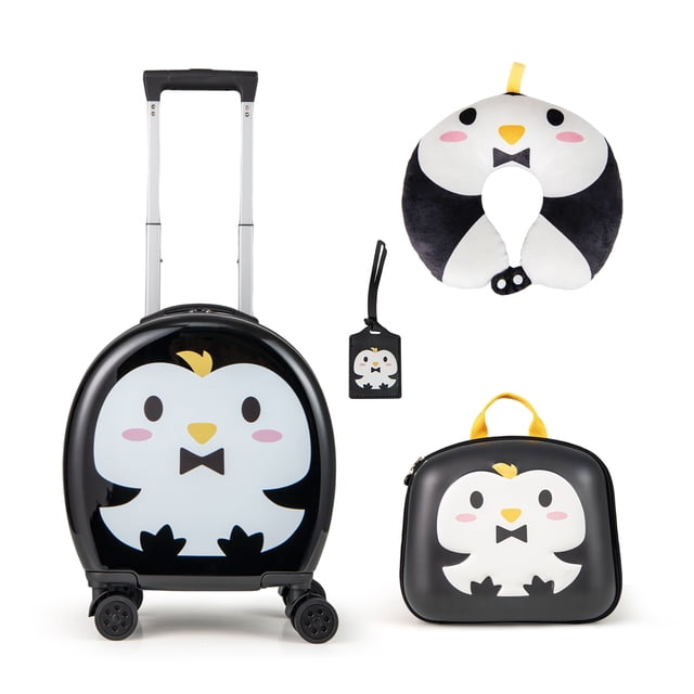 Gymax Ensemble de Bagages pour Enfant 4 Pcs en Noir avec Motif de Pingouin, Comprenant une Valise Rigide de Cabine à Roulettes Pivotantes de 14 Pouces, un Sac à Dos de 10 Pouces, un Oreiller de Cou en Peluche en Forme de Pingouin et une Étiquette de Bagage Assortie. la Valise a une Coque durable en ABS et PC avec Quatre Roues Universelles et une Poignée Télescopique. le Sac à Dos Comprend des Sangles Ajustables et une Boucle de Fixation au Dos pour une Fixation Sécurisée à la Valise. Convient aux Enfants de 3 à 7 Ans, Cet Ensemble Est Idéal pour les Voyages Ou les Sorties Scolaires