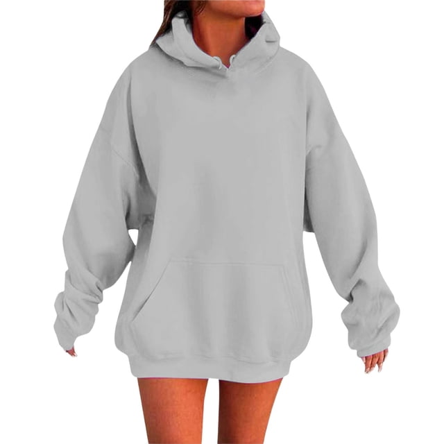 Chandail à Capuchon pour Femmes Couleur Unie Basique d'Automne avec Poche avant Extensible Coupe Confortable Chandail Molletonné à Enfiler Chandail Ras du Cou pour Femmes Argent XXXXXL