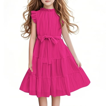 SROBPTY Robes pour Filles, Robes d'Été Formelles pour Filles à Manches à Volants, Ligne A, Décontractées avec Ceinture Rose Vif 13 Ans