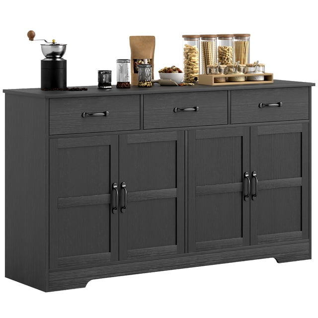 HOMCOM Sideboard Cabinet, Coffee Bar Cabinet with Drawers, Distressed Black. This sideboard features three drawers and two cabinets with adjustable shelves for versatile storage. The modern shaker door design and distressed black finish complement various decor styles. Made of durable particleboard with melamine facing, it includes an anti-tip kit for added safety. Dimensions: 55.1 inches wide, 15.4 inches deep, and 31.9 inches high.