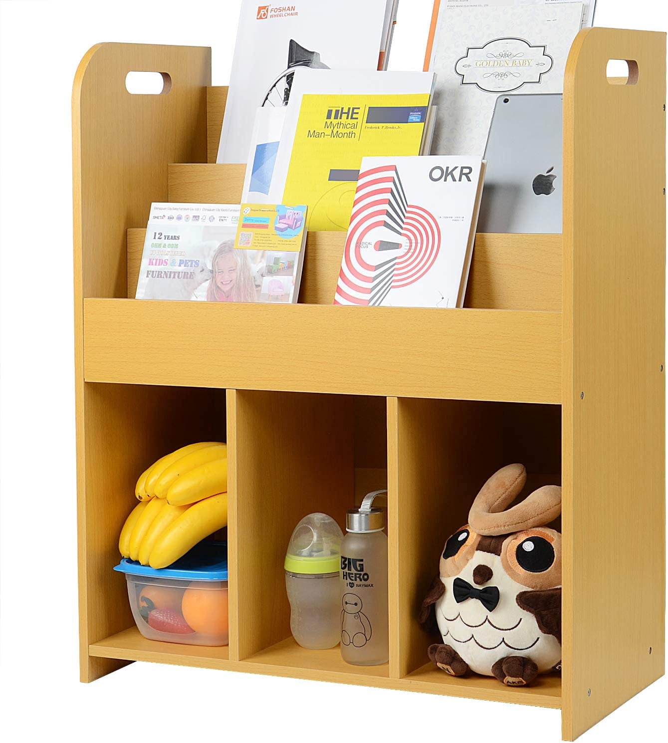 Kids Bookshelf Display Rack, Bookcase Toy Storage Organizer with 3-Tier Display Stand and 3 Bottom Compartments