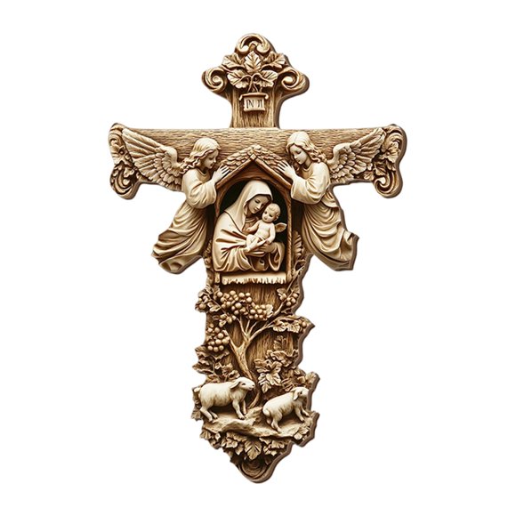 In The Heart Holiday Blessings Wooden Nativity Doorplate, Religious Wall Hanging Decor with Mary and Holy Child Relief for Christian Home Entryway Living Room Accent