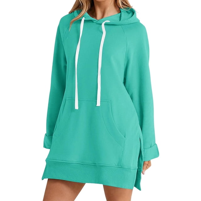Kcodviy Robe d'Été pour Femmes à Manches Longues, Unie, Décontractée, Couleur, avec Poches, à Capuche, Coupe Mi-Longue, Robe d'Été pour Femmes, Longue, Décontractée, Ample, à Capuche