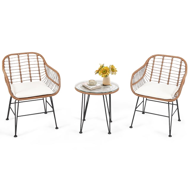 Patiojoy 3 PCS Patio Rattan Furniture Set with Round Tempered Glass Top Table & 2 Rattan Armchairs White Cushions