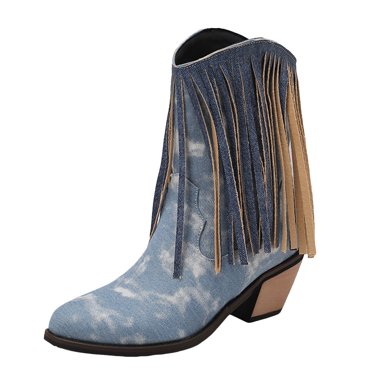 Bottes de Cowboy en Denim pour Femmes Longues à Franges à Pampilles Rétro Larges Mi-Mollet Bottes de Cowgirl Hiver Automne à Enfiler Bottillons