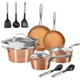 thumbnail image 1 of Gotham Steel Hammered 15 Pc Ceramic Pots and Pans Set Non stick, Cookware Set Nonstick for Kitchen with Utensils, Pots and Pans for Cooking, Non Toxic Cookware Sets, Oven and Dishwasher Safe, Copper, 1 of 8