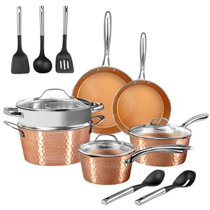 Gotham Steel Hammered 15 Pc Céramique Pots et casseroles Ensemble Non bâton, Cuisine Set Non bâton pour la cuisine avec ustensiles, pots et poêles pour la cuisson, non toxiques Ensembles de cuisine, Four et lave-vaisselle Safe, Cuivre