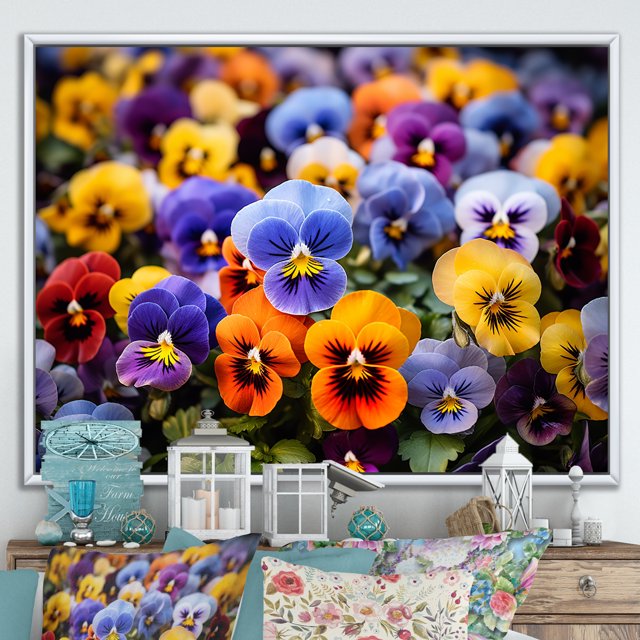 Designart Pansies framed wall art decor, Pansies framed wall Art, Vibrant Pansies Colorful Pansies framed wall art , Extra large Traditional White Framed Wall Art, White Color Frame