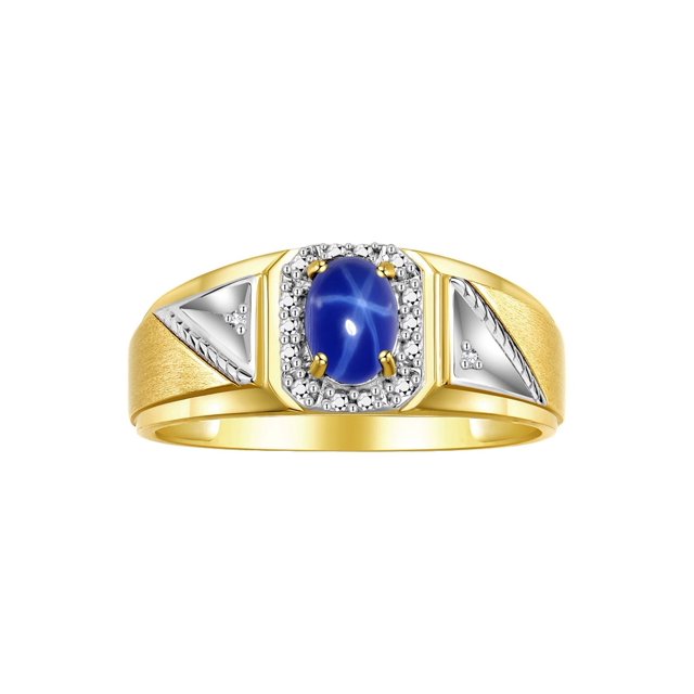 RYLOS Men's Rings Yellow Gold Plated Silver Classic 7X5MM Oval Gemstone & Diamond Ring Blue Star Sapphire September Birthstone Rings For Men Size 12