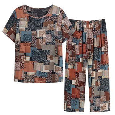 tumgatte Women's Summer Two Piece Set Short Sleeve Round Neck Printed Top Pants Set Pajama Set Deals of the Week Clearance Halloween