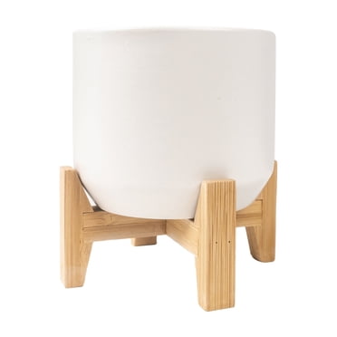Mainstays 4 inch White Ceramic Planter with Bamboo Stand