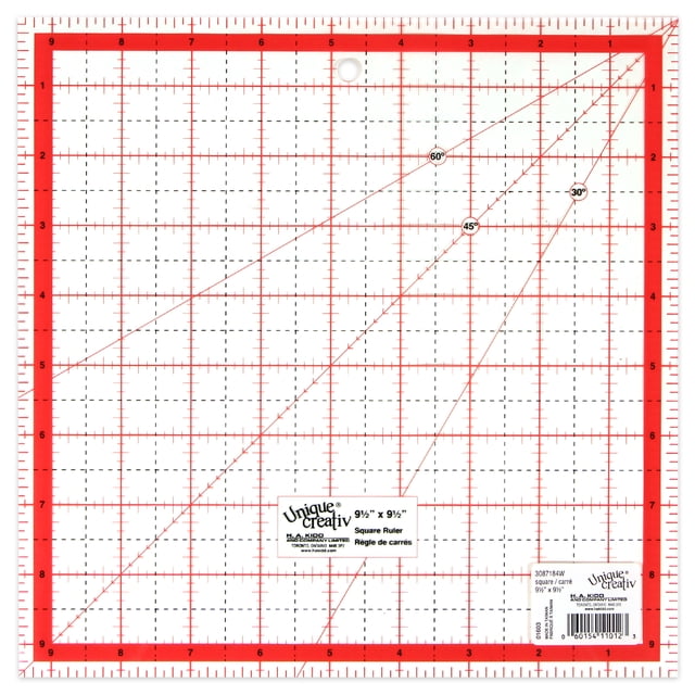 SEW EASY Square Quilting Ruler, Medium - 24.1 × 24.1 cm (91/2 × 91/2 in) clear square ruler, front-facing view showing printed 24.1 cm grid and inch markings for measuring, marking, rotary cutting, quilting, patchwork and borders; also suited to tracing small craft templates for kit organization.