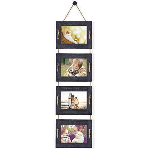 DLQuarts Collage Hanging Picture Frame 5x7, 4-Frame Set, 3.5x5 With Mat or 5x7 Without Mat, Rustic Solid Wood Photo Frame Weathered Black