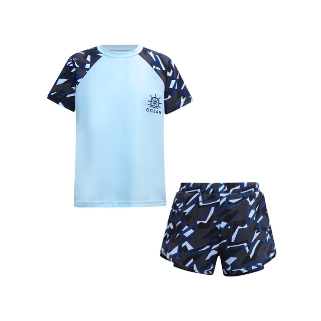 Zaldita Boys Short Sleeve Printed Rash Guard Two Pieces Swimsuit Set Summer Beach Bathing Suit 1Sky Blue A 4XL