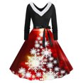 thumbnail image 1 of TIMIFIS Robes de Noël pour Femmes, Imprimé de Noël Laid, Robes Trapèze, Robe de Bal à Col en V pour les Fêtes, Manches Longues, Plissée, Robe Rétro Évasée, 1 of 3