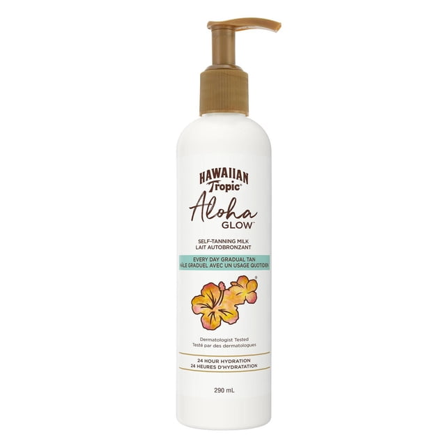 Hawaiian Tropic Aloha Glow Self-Tanning Milk in a 290 ml white bottle with brown pump, decorated with tropical hibiscus flowers, dermatologist tested gradual tanning lotion offering 24-hour hydration and a streak-free glow, suitable for daily sun care and skin moisturizing.