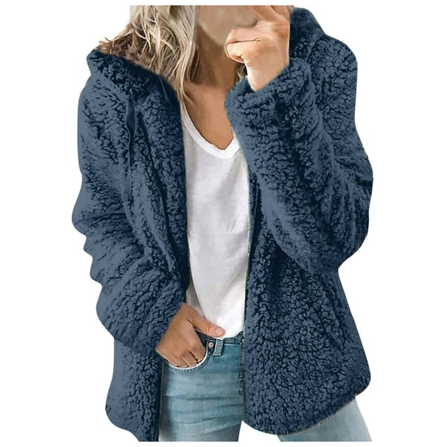 Womens Fuzzy Fleece Jackets 2023 Clearance Solid Zipper Sharpa Coat Fall Winter Warm Thick Hooded Jacket with Pockets
