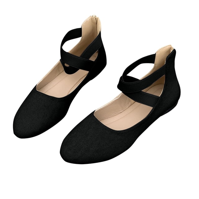 Ladys Single Shoes Suede Surface Elastic Ankle Strap Soft Sole Pointy Toe Flats Bottom Ballet Rear Ankle Zipper Shoes New Large Size Shallow Mouth Elastic Flat Shoes Black