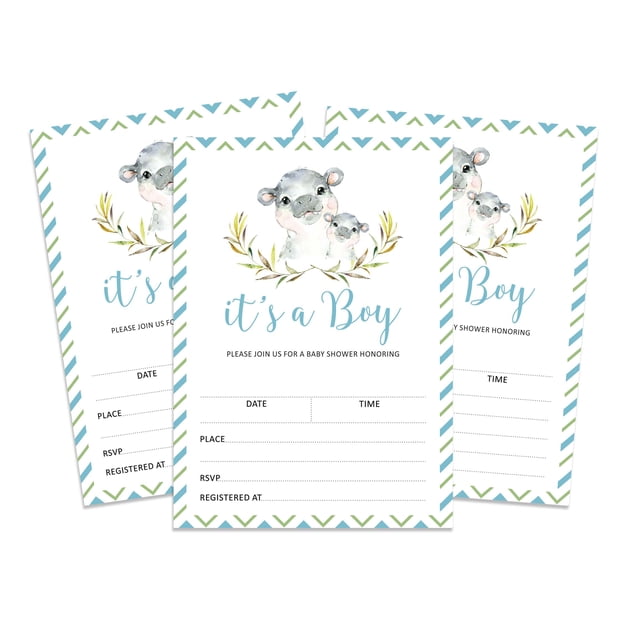 Inkdotpot 30 Fill In StyleBaby Shower Invitation Cards Hippo Gender Reveal Blank Invites