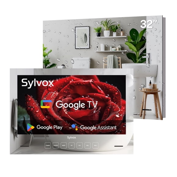 SYLVOX 32 inch Smart Bathroom TV, 1080P 500nits Magic Mirror TV for Bathroom, IP65 Waterproof Television Built-in Google Play Dual Front Speakers with WiFi Bluetooth (Embedded)