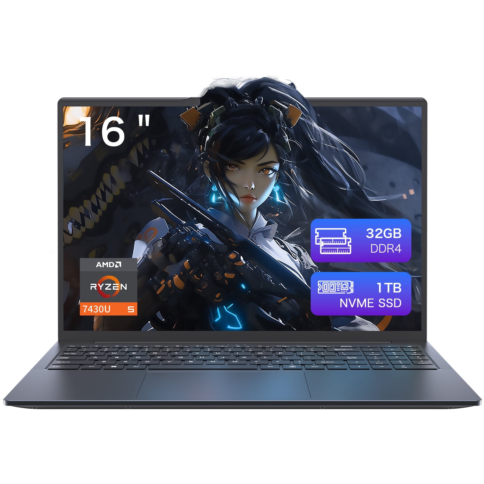 Auusda Portable 16 Pouces pour Entreprise, Ordinateur Portable Windows 11 Pro, AMD Ryzen 7430U, 32Go RAM 1To SSD, Rétroéclairage, Empreinte Digitale, Gris