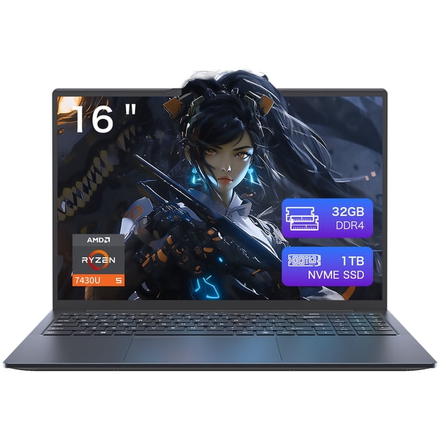 Auusda Portable 16 Pouces pour Entreprise, Ordinateur Portable Windows 11 Pro, AMD Ryzen 7430U, 32Go RAM 1To SSD, Rétroéclairage, Empreinte Digitale, Gris