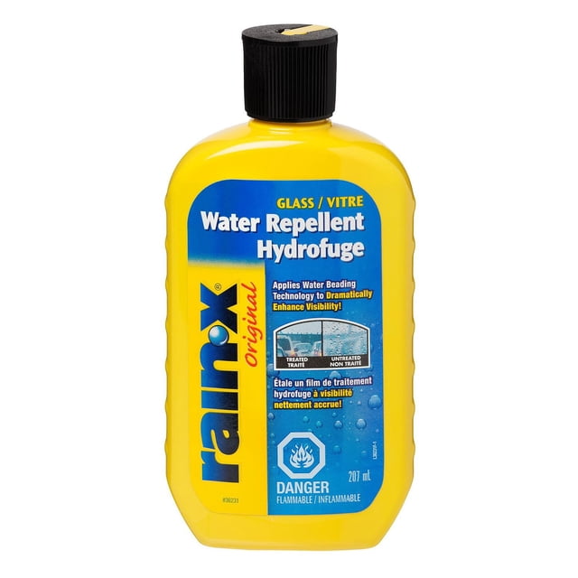 Rain-X Glass Water Repellent in a yellow plastic bottle with black flip-top cap, featuring a blue label that promotes water beading technology to dramatically enhance visibility on automotive and marine glass surfaces, ideal for maintenance and cleaning, 207 ml.