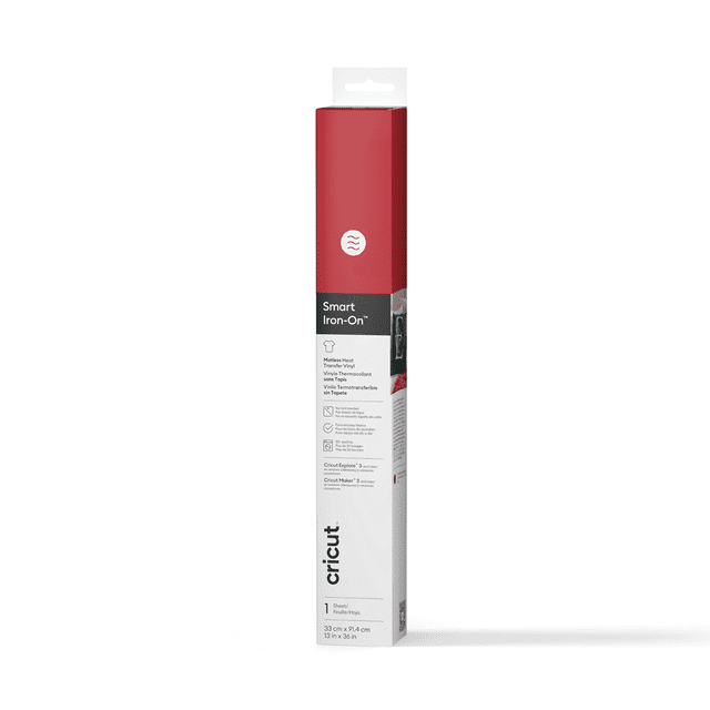 Cricut® Smart Iron-On™ Matless Heat Transfer Vinyl (3 ft), Red roll in vertical packaging with red and white design, featuring no machine mat needed and compatibility with Cricut Explore 3 and Maker 3 cutting machines, measuring 13 inches by 3 feet, ideal for personalized heat transfer crafts.