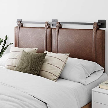 Nathan James Harlow Wall Mount Faux Leather or Fabric Upholstered Headboard, Adjustable Height Vintage Brown Straps with Black Matte Metal Rail, King