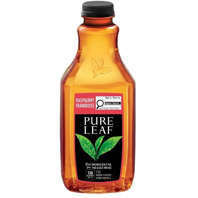 Pure Leaf Thé Glacé à la Framboise Bouteille de 1,75 L avec Liquide Ambré et Bouchon à Vis Noir, Étiqueté avec des Feuilles de Thé Vert, Saveur de Framboise en Anglais et en Français, 130 calories par 375 ml, Infusé à Partir de Véritables Feuilles de Thé avec des Arômes Naturels, et un Avertissement de Santé Canada à Teneur Élevée en Sucre.