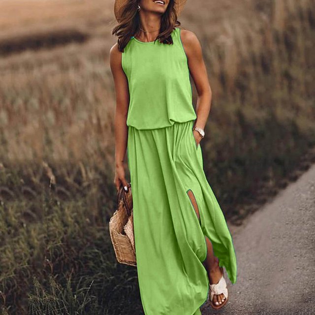 MesaSe Femmes Casual Robe Robe d'Été pour les Femmes Cou Sans Manches Maxi Robes de Fourche de Couleur Unie Ouverture Robe Femmes Vêtements L AG