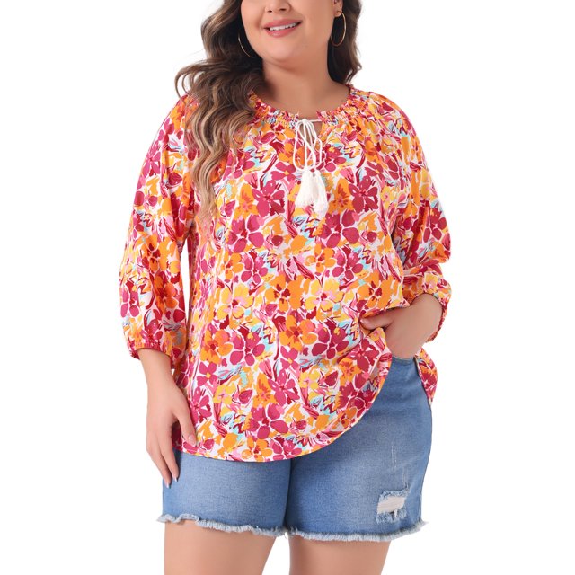 Unique Bargains Blouse Florale Colorée à Manches 3/4 et Col Noué pour Femmes Grande Taille Orange 4X