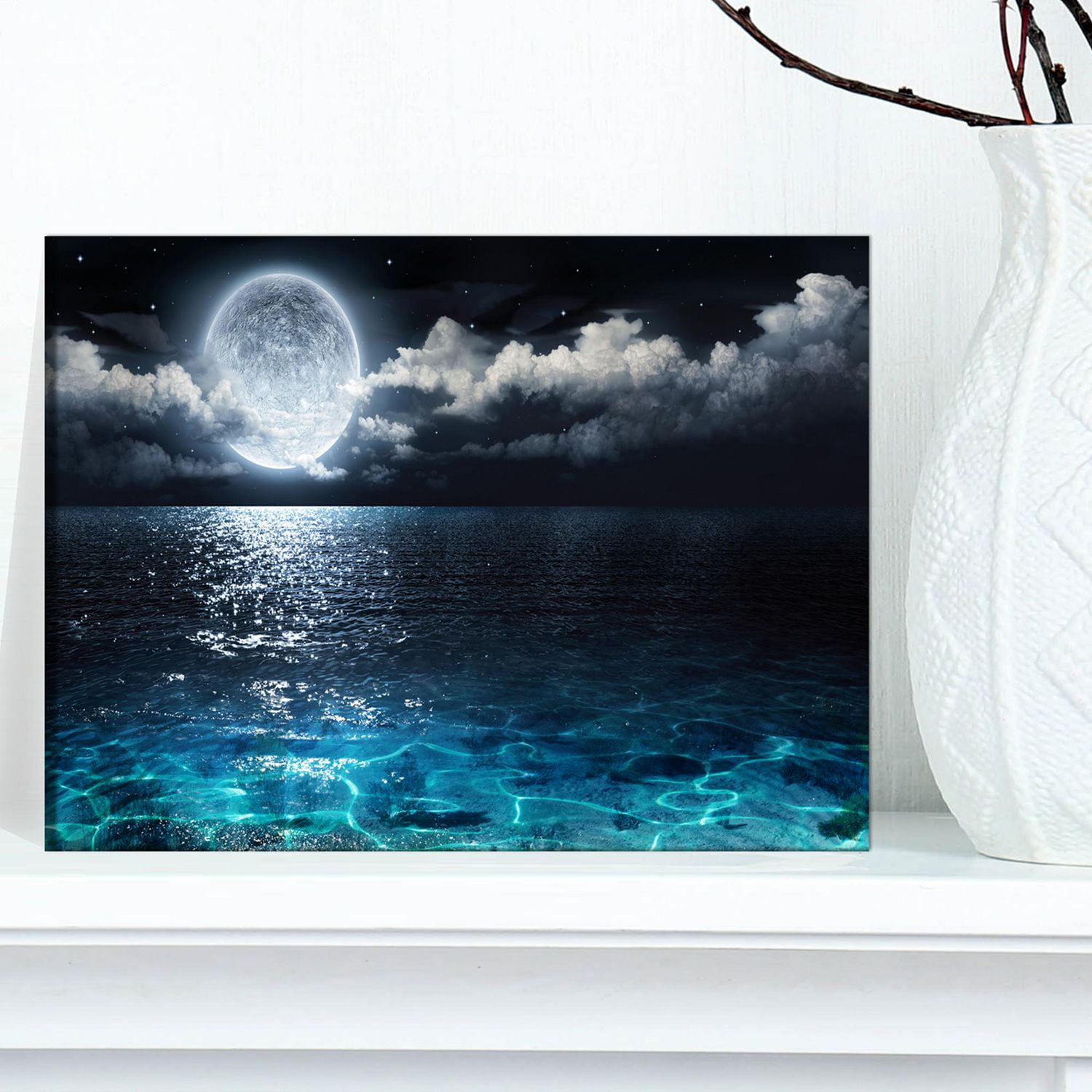 Designart Pleine lune romantique sur la mer Art mural sur toile