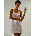 thumbnail image 4 of INSPIRE CHIC Robe Courte de Fête à Paillettes Scintillantes d'Halloween pour Femme, Col en V, Bretelles Spaghetti, Clubwear, Petite, Argent (avec des Roses), 4 of 6