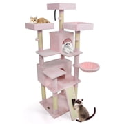 Costway 65" Tall Multi-level Cat Tree with 3 Upholstered Top Perch 2 Cat Condos Cat Basket Pink