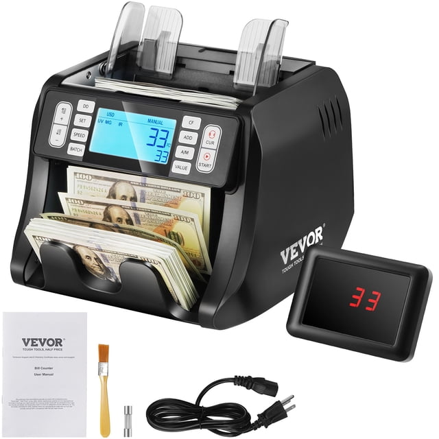 VEVOR Money Counter Machine with UV, MG, IR, and DD counterfeit detection, shown in a front-facing view. The machine features a large LCD display, external LED display, and multiple buttons for functions like add, batch, and manual counting. A stack of USD bills is being processed, with the external display showing the count. Accessories including a power cable, cleaning brush, fuse, and user manual are also visible.