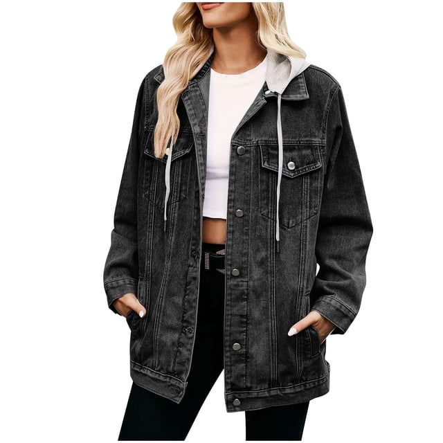 Timegard Womens Denim Jackets Lapel Neck Long Sleeve Drawstring Hoodie Top Jean Jacket with Pockets