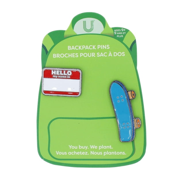 U Style Lot de 2 Épingles de Sac à Dos, Thème Patineuse avec Deux Épingles en Émail sur Carte Verte en Forme de Sac à Dos; une Épingle Est un badge Rouge et Blanc « Hello my name is », l'Autre une Planche à Roulettes Bleue avec Roues orange, en Alliage de zinc, Idéale pour Personnaliser des Sacs à Dos, des Sacs à Main Ou des Sacs et Convient aux Fournitures Scolaires.
