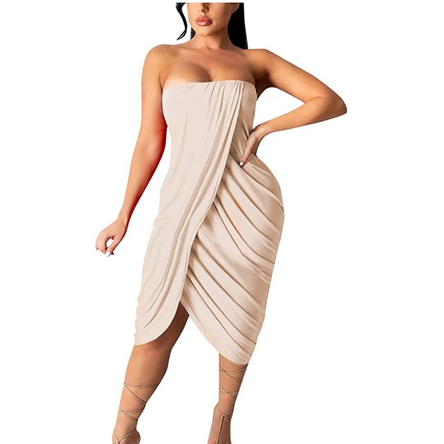 Fridja Robe d'Été Femme Unie avec Poitrine Enveloppée, une Épaule, Plissée