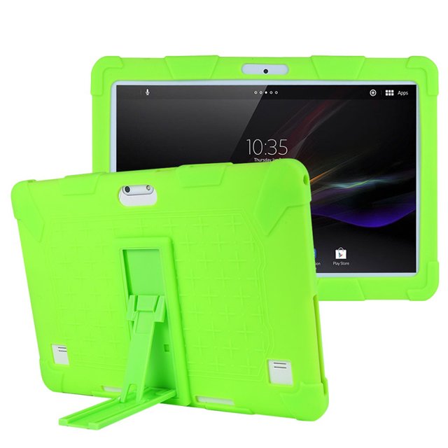 WIFKLSIIPG Universal Silicone Cover Case for 10 10.1 Inch Android Tablet PC, shown in a vibrant green color. The case features a durable silicone construction with a textured back for grip and a built-in kickstand for hands-free use. Designed to fit 10 to 10.1-inch tablets, it provides protection against dirt and fingerprints. The front and back views highlight its lightweight and compact design, suitable for easy carrying.
