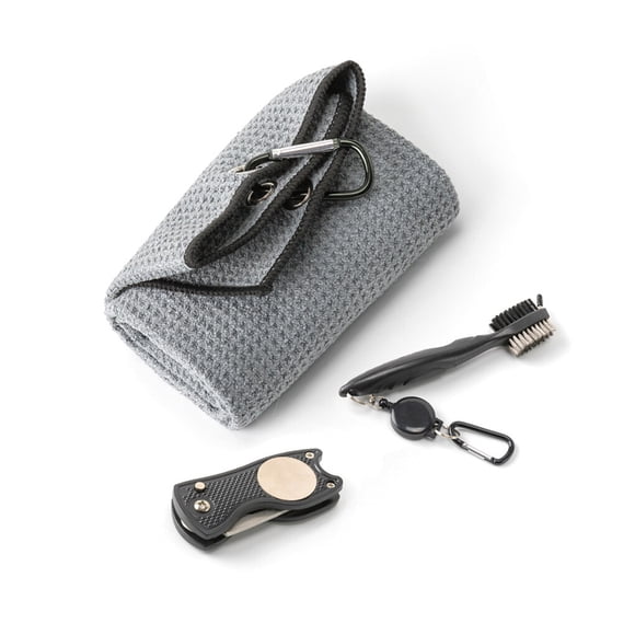 3Pcs Serviette de Golf et Club Fournit Taille Compacte Nettoyage Brosse Kit Divot Outil de Réparation avec Marqueur de Balle Golfeur Ensemble Accessoires Gris